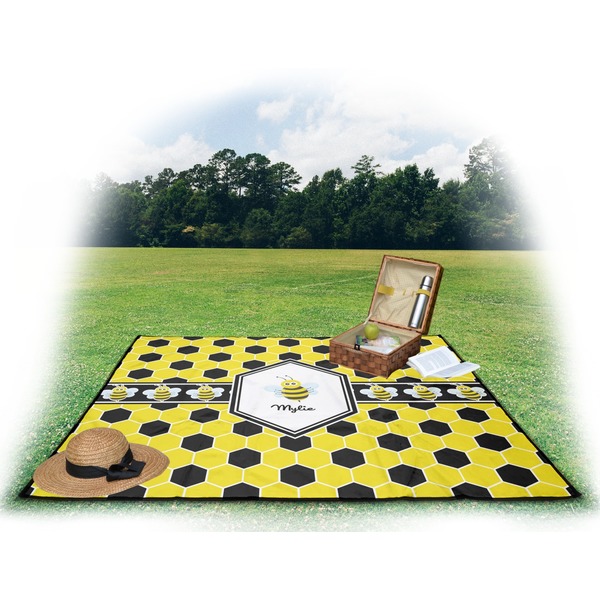 Honeycomb Picnic Blanket - with Basket Hat and Book - in Use