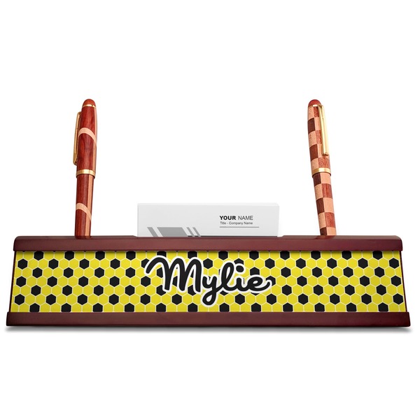 Honeycomb Red Mahogany Nameplates with Business Card Holder - Straight