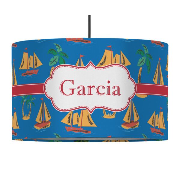 Custom Boats & Palm Trees 12" Drum Pendant Lamp - Fabric (Personalized)