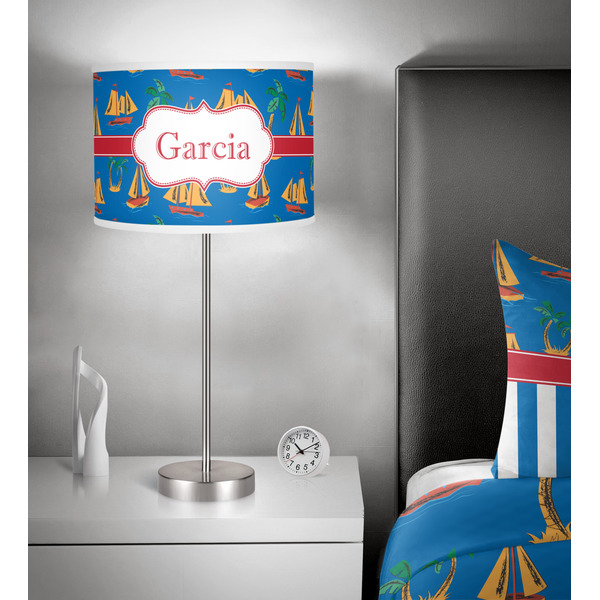 Boats & Palm Trees 13 inch drum lamp shade - in room