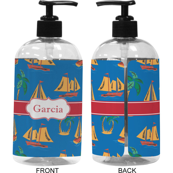 Boats & Palm Trees 16 oz Plastic Liquid Dispenser (Approval) - Black