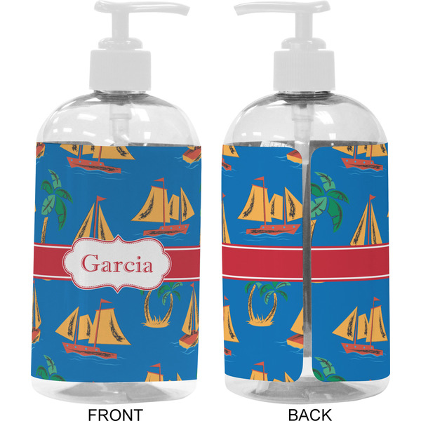 Boats & Palm Trees 16 oz Plastic Liquid Dispenser- Approval- White