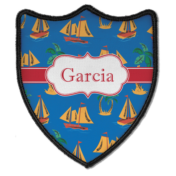 Custom Boats & Palm Trees Iron On Shield Patch B w/ Name or Text