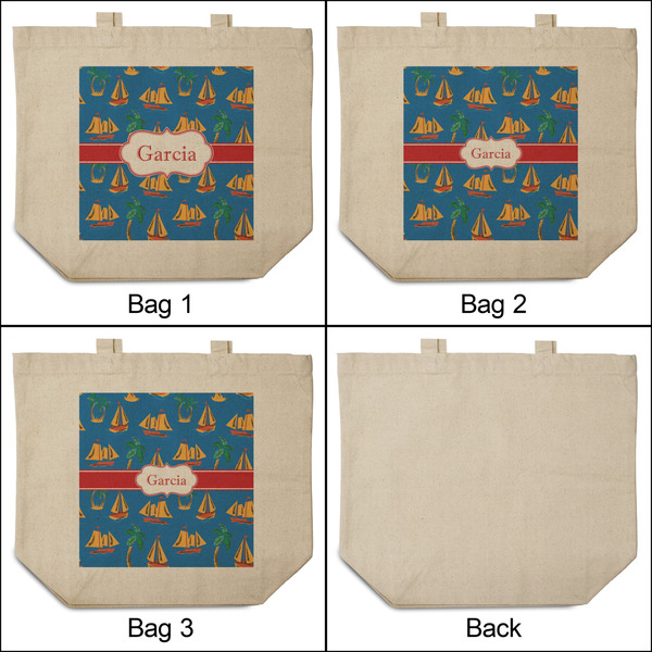 Boats & Palm Trees 3 Reusable Cotton Grocery Bags - Front & Back View