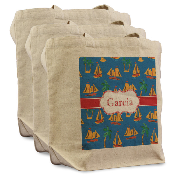 Custom Boats & Palm Trees Reusable Cotton Grocery Bags - Set of 3 (Personalized)