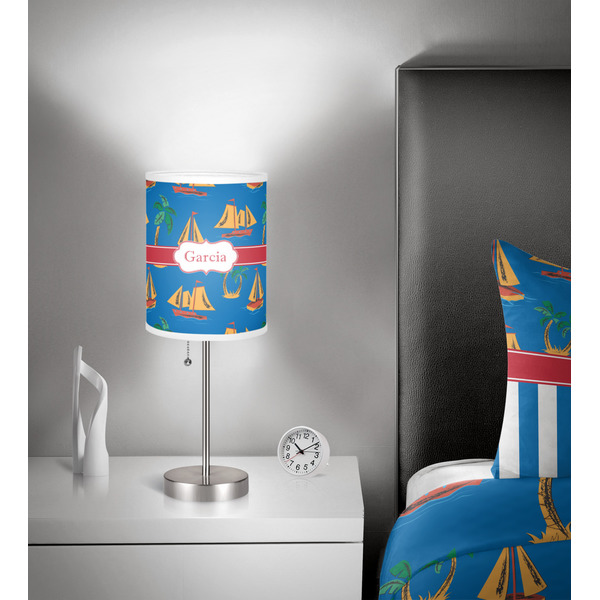 Boats & Palm Trees 7 inch drum lamp shade - in room