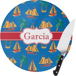 Boats & Palm Trees Round Glass Cutting Board - Small (Personalized)