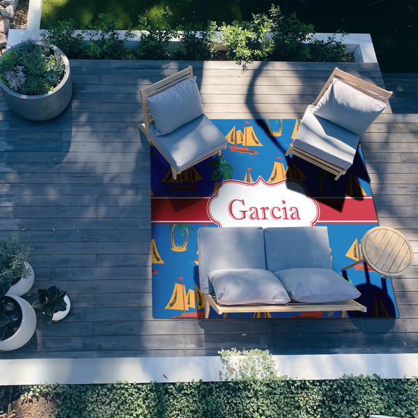 Boats & Palm Trees 8'x10' Patio Rug - In context