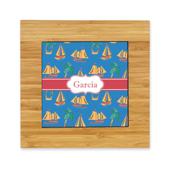 Custom Boats & Palm Trees Bamboo Trivet with Ceramic Tile Insert (Personalized)