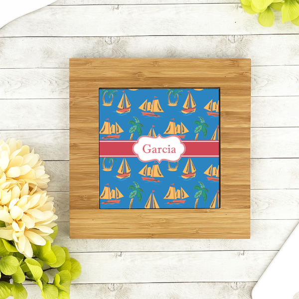 Boats & Palm Trees Bamboo Trivet with 6" Tile - LIFESTYLE