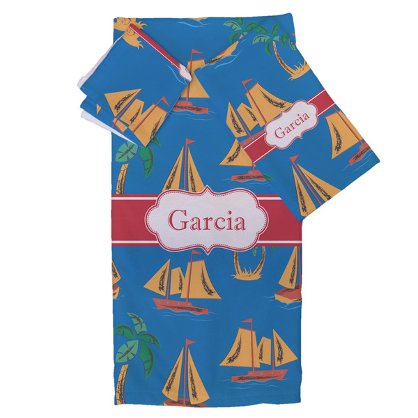 Custom Boats & Palm Trees Bath Towel Set - 3 Pcs (Personalized)