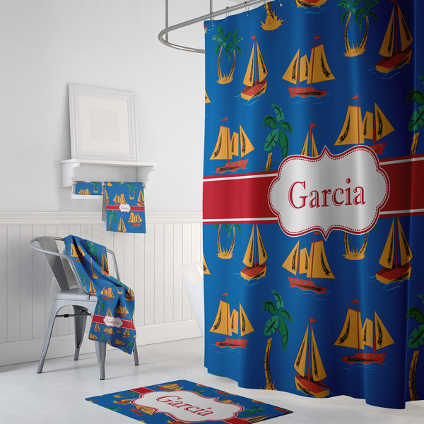 Boats & Palm Trees Bath Towel Sets - 3-piece - In Context