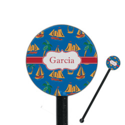 Boats & Palm Trees 5.5" Round Plastic Stir Sticks - Black - Double Sided (Personalized)