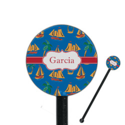Boats & Palm Trees 5.5" Round Plastic Stir Sticks - Black - Single Sided (Personalized)