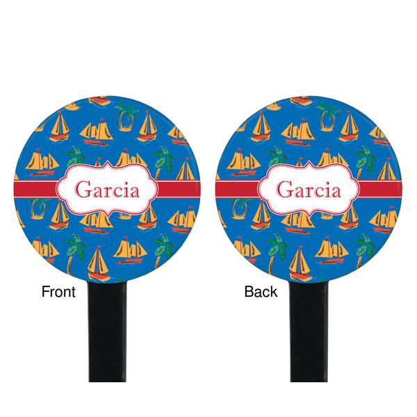 Boats & Palm Trees Black Plastic 7" Stir Stick - Double Sided - Round - Front & Back