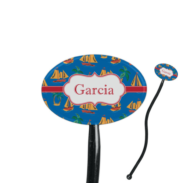 Custom Boats & Palm Trees 7" Oval Plastic Stir Sticks - Black - Single Sided (Personalized)