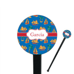Boats & Palm Trees 7" Round Plastic Stir Sticks - Black - Double Sided (Personalized)