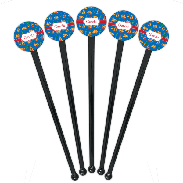 Boats & Palm Trees Black Plastic 7" Stir Stick - Round - Fan View