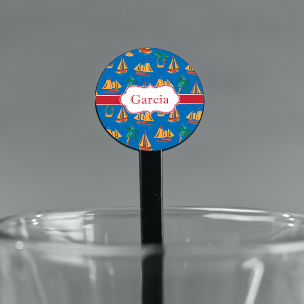 Boats & Palm Trees Black Plastic 7" Stir Stick - Round - Main