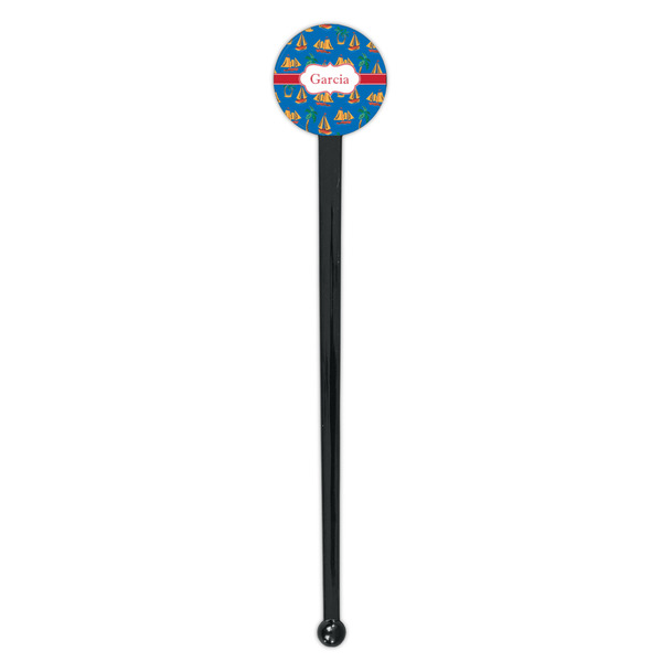 Boats & Palm Trees Black Plastic 7" Stir Stick - Round - Single Stick