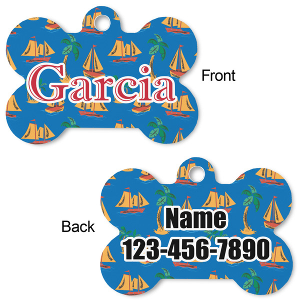 Boats & Palm Trees Bone Shaped Dog Tag - Front & Back