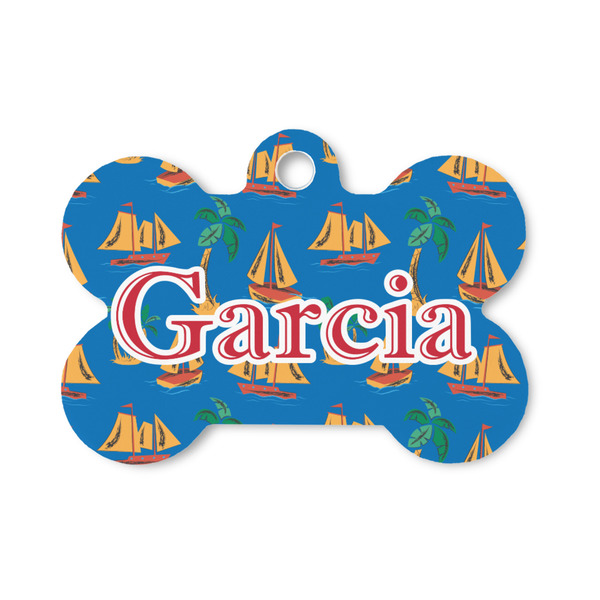 Custom Boats & Palm Trees Bone Shaped Dog ID Tag - Small (Personalized)