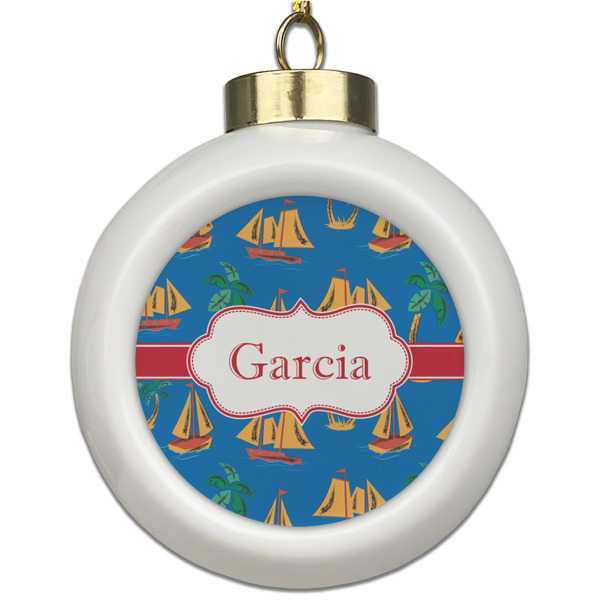 Custom Boats & Palm Trees Ceramic Ball Ornament (Personalized)