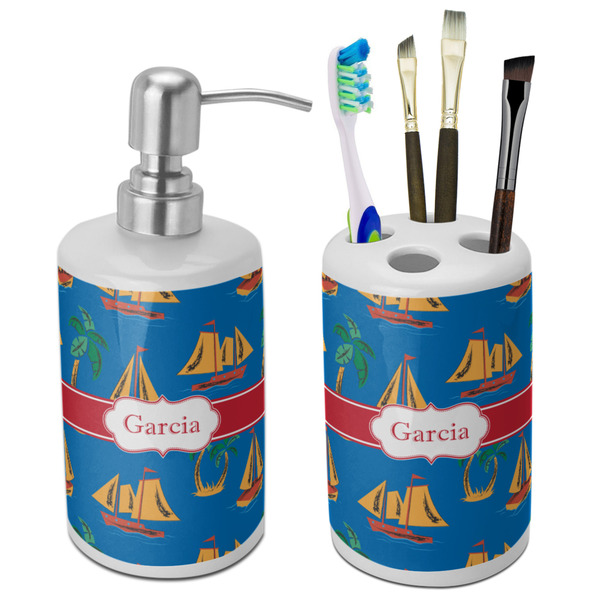 Custom Boats & Palm Trees Ceramic Bathroom Accessories Set (Personalized)
