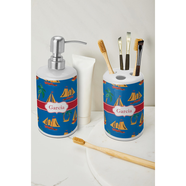 Boats & Palm Trees Ceramic Bathroom Accessories - LIFESTYLE (toothbrush holder & soap dispenser)