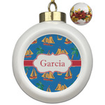 Boats & Palm Trees Ceramic Ball Ornaments - Poinsettia Garland (Personalized)