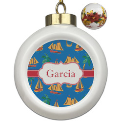 Boats & Palm Trees Ceramic Ball Ornaments - Poinsettia Garland (Personalized)