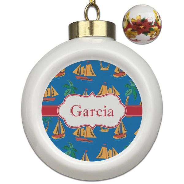 Custom Boats & Palm Trees Ceramic Ball Ornaments - Poinsettia Garland (Personalized)