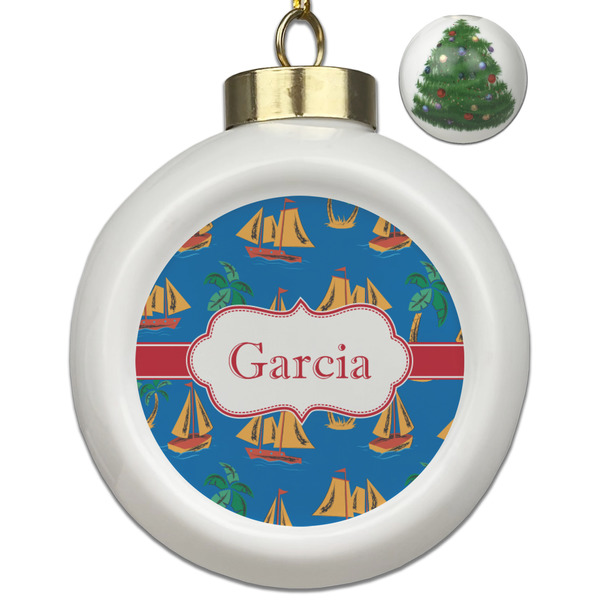 Custom Boats & Palm Trees Ceramic Ball Ornament - Christmas Tree (Personalized)