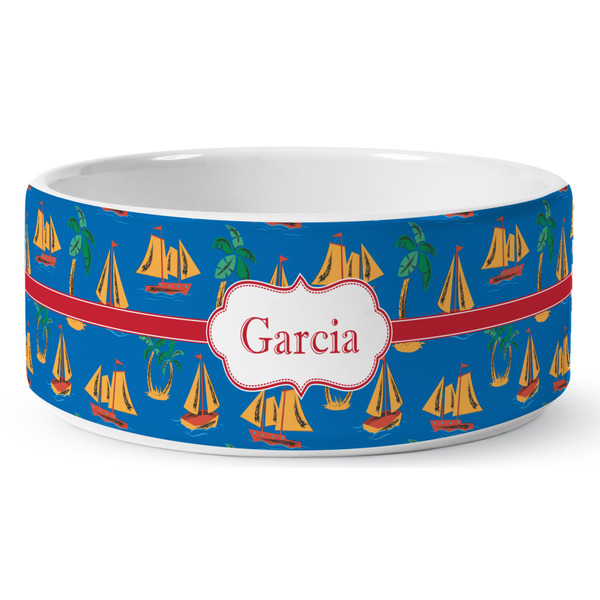 Boats & Palm Trees Ceramic Dog Bowl - Medium - Front