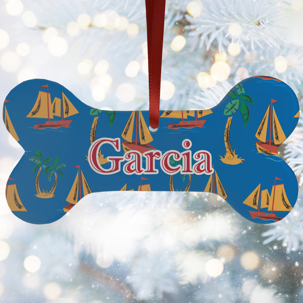 Custom Boats & Palm Trees Ceramic Dog Ornament w/ Name or Text