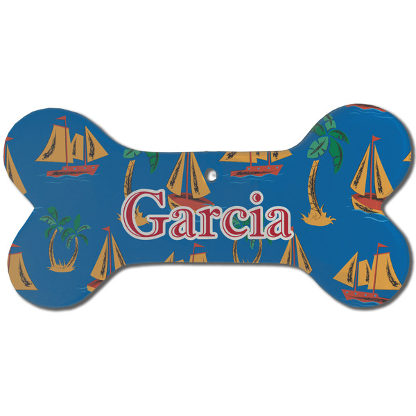 Custom Boats & Palm Trees Ceramic Dog Ornament - Front w/ Name or Text