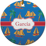 Boats & Palm Trees Round Ceramic Ornament w/ Name or Text