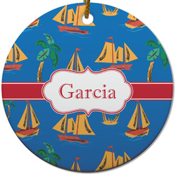 Boats & Palm Trees Round Ceramic Ornament w/ Name or Text