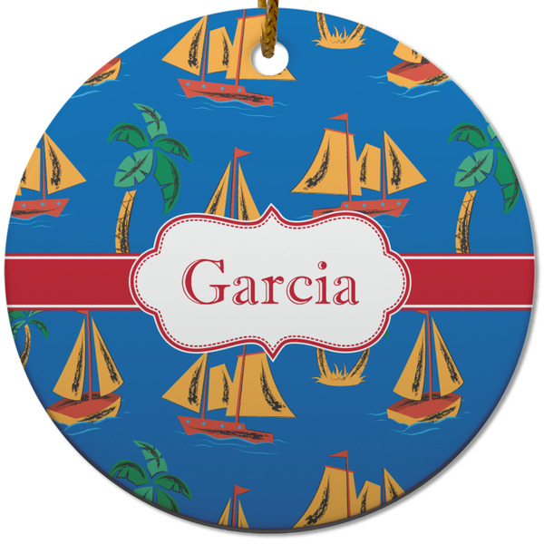 Boats & Palm Trees Ceramic Flat Ornament - Circle (Front)