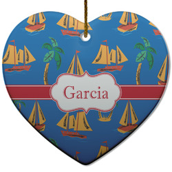 Boats & Palm Trees Heart Ceramic Ornament w/ Name or Text