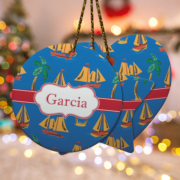 Custom Boats & Palm Trees Ceramic Ornament w/ Name or Text