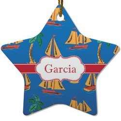 Boats & Palm Trees Star Ceramic Ornament w/ Name or Text