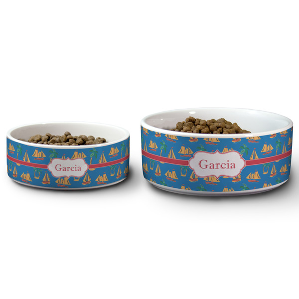 Boats & Palm Trees Ceramic Dog Bowls - Size Comparison