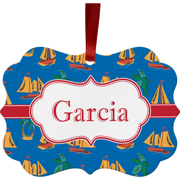Custom Boats & Palm Trees Metal Frame Ornament - Double Sided w/ Name or Text