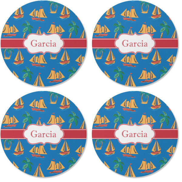 Boats & Palm Trees Coaster Round Rubber Back - Apvl