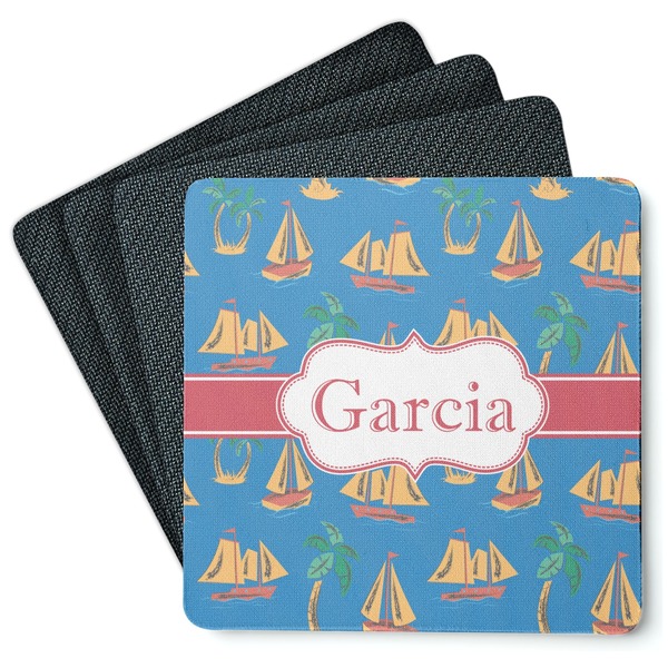 Custom Boats & Palm Trees Square Rubber Backed Coasters - Set of 4 (Personalized)