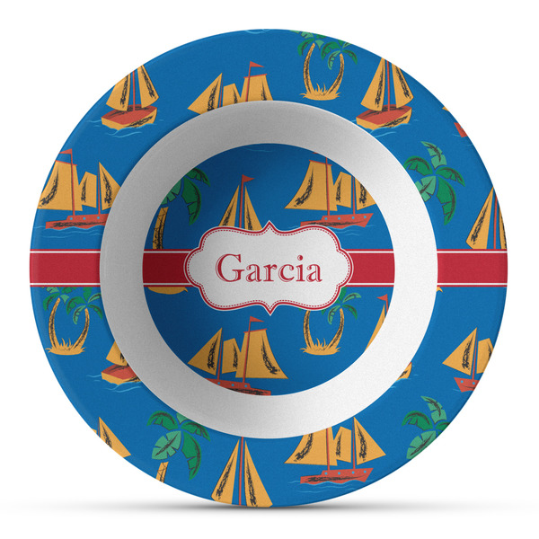 Custom Boats & Palm Trees Plastic Bowl - Microwave Safe - Composite Polymer (Personalized)