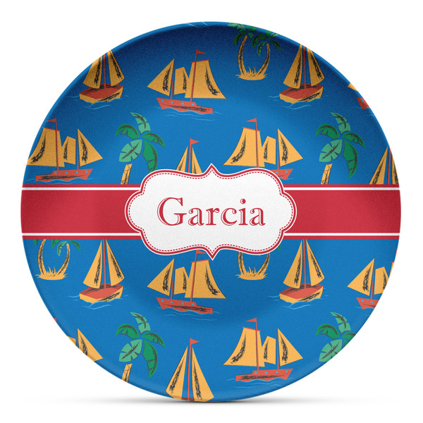 Custom Boats & Palm Trees Microwave Safe Plastic Plate - Composite Polymer (Personalized)