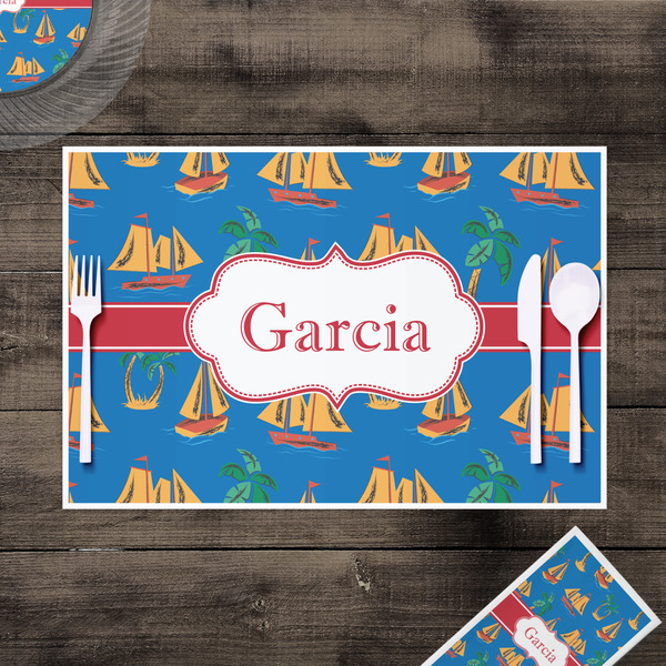 Boats & Palm Trees Disposable Paper Placemat - In Context