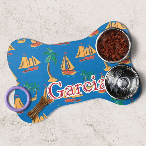 Boats & Palm Trees Dog Bone Shaped Mat Lifestyle